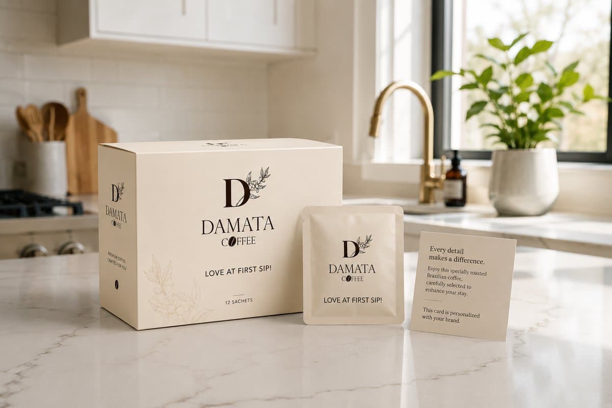 A Damata Pocket Brew box and single-serve sachet on a kitchen counter